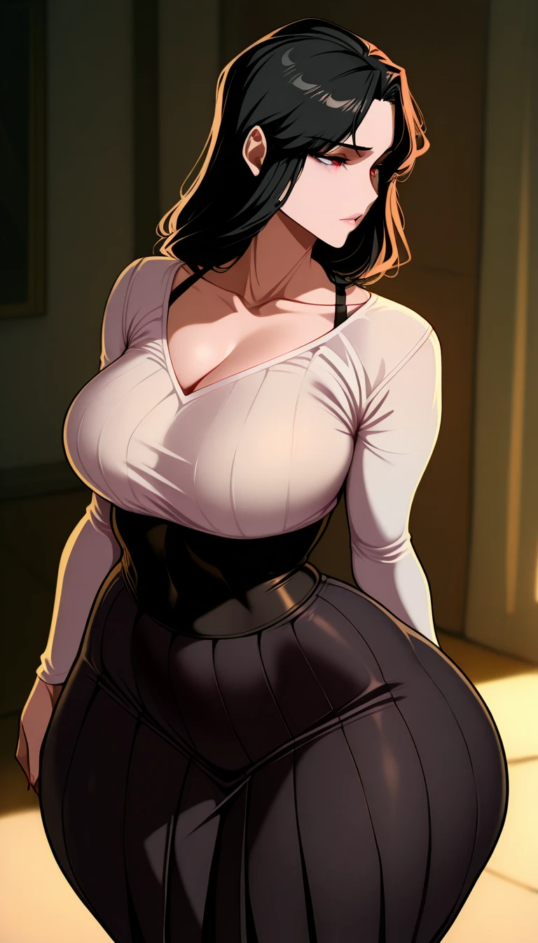 masterpiece, best quality, extremely detail 8k cg, high resolution, 1girl, kurenai yuhi, pale skin, black hair, red eyes, choker, outfit-gls, sweater, high-waist skirt, perfect ass, huge breasts, indoors, standing, beautiful face, cowboy shot, from behind