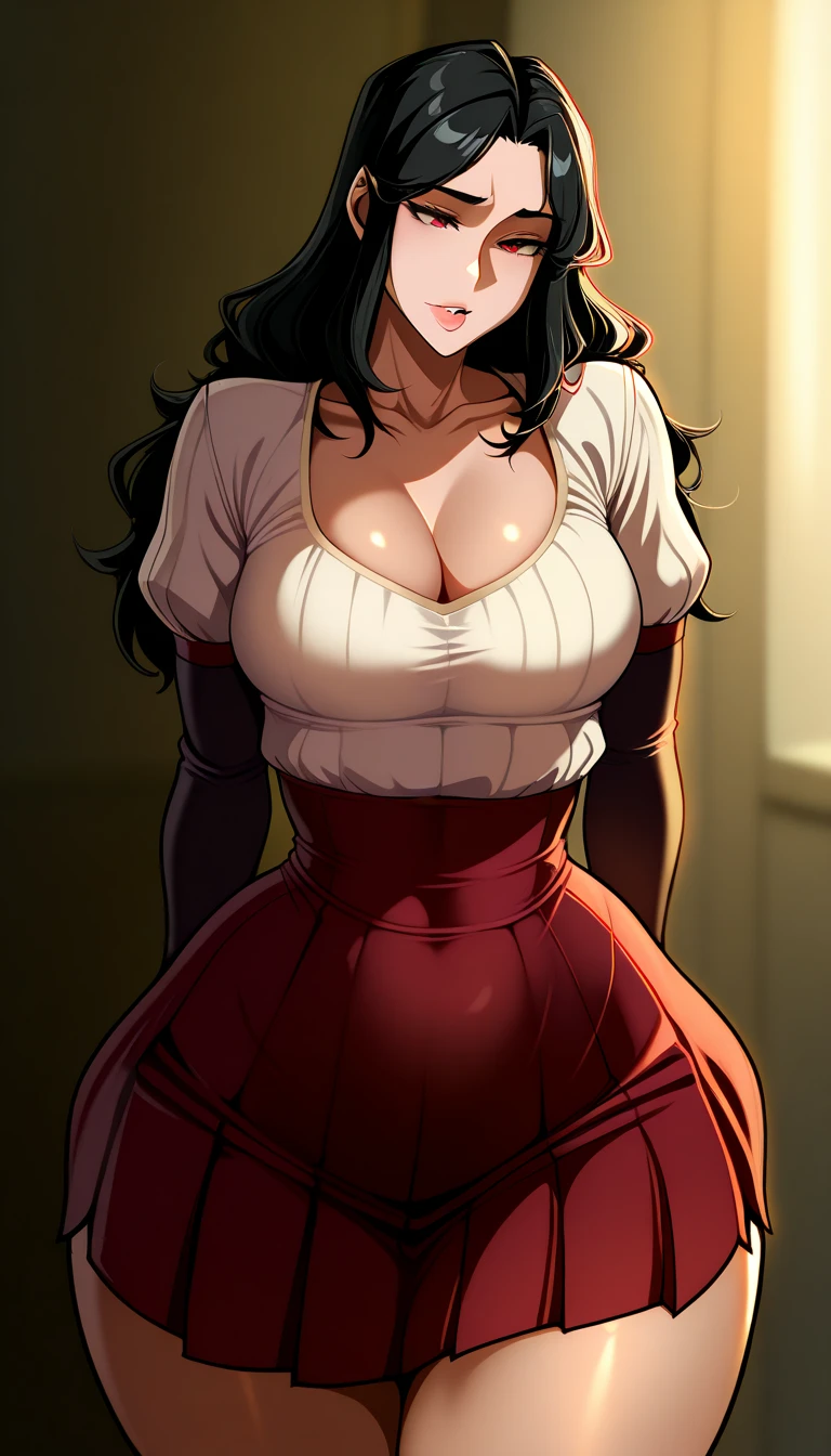 Sexy woman in a chiffon off-shoulder bustier, paired with an elegant skirt, closed eyes, open mouth, blushing very hard, smiling, sweating, looking up, moaning, pleasure