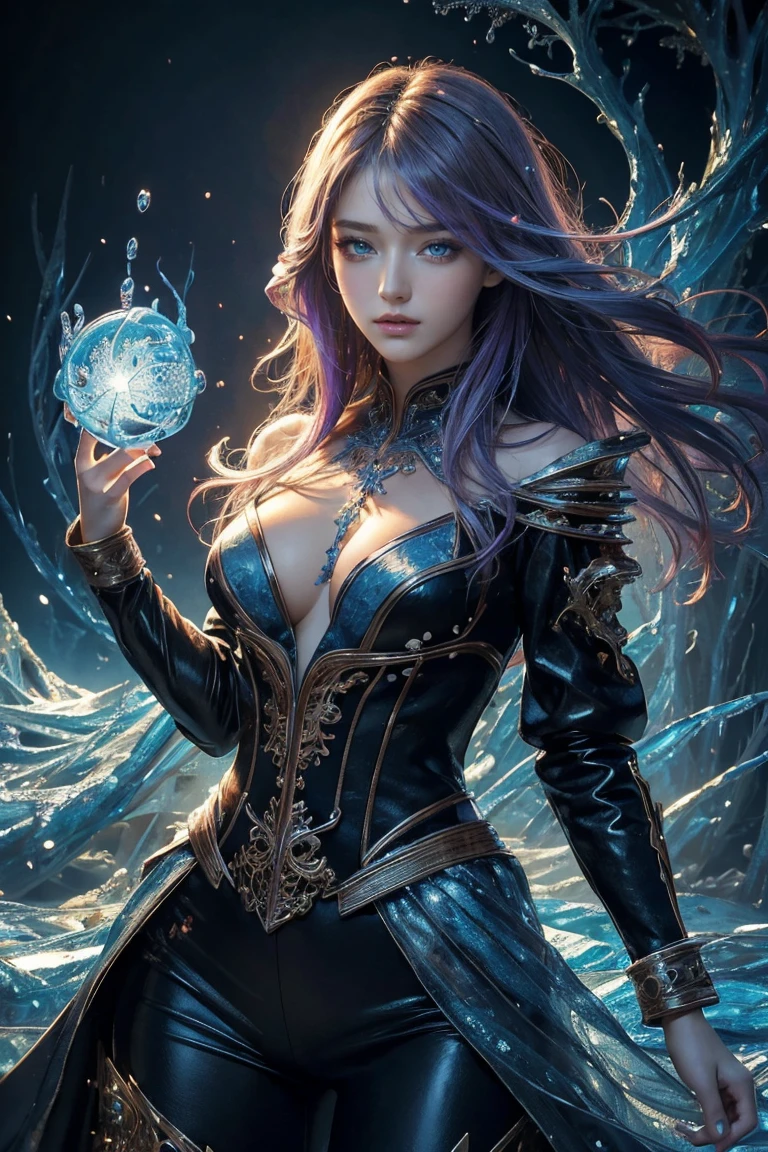 Powerful sorceress posing for a close up, enchantress in glowing dress (bare shoulders), hourglass figure, curvy, cleavage, long flowing red hair, lush red lips, wanting a kiss, facing viewer, looking at viewer with evil smile, eager to enslave viewer, enticing viewer with magic, highly detailed face, alluring blue eyes, real, symmetrical, high detail, best quality, astral body, chaos atmosphere, dark fantasy, 1female, bioluminescent magic elements, clothes, 8k purple magic, glowing smoke in background