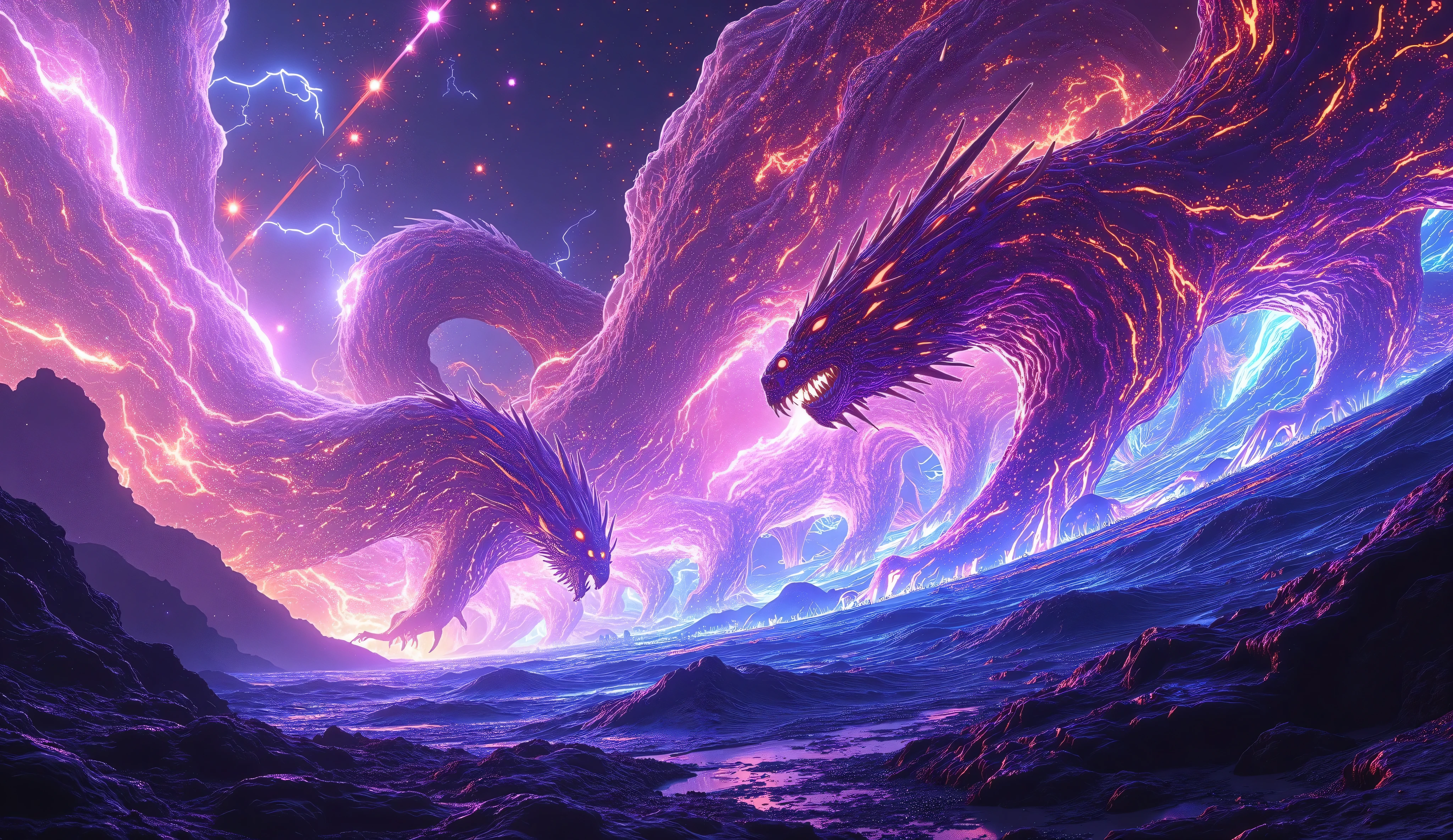 mythical beasts in a vast cosmic arena, dragons and phoenixes unleashing elemental fury against futuristic spacecraft, krakens rising from shimmering crystal seas, meteor showers lighting up deep space, ethereal magical effects, wide-angle dynamic scene, glowing highlights and deep shadows, cinematic digital painting style, masterpiece quality, vivid purples blues oranges, trending on ArtStation, ultra-high detail