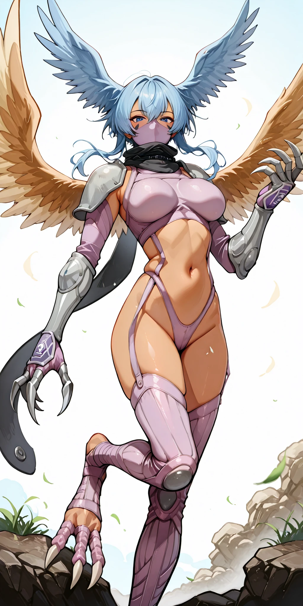 Character portrait, Generate an illustration of a mature kazemon, ((digimon)), light lavender hair , (lavender fairy wings), (tan skin), de terno preto, (lavender lingerie:1.3), (gray visor over eyes), medium hair, (eyes covered), hair bangs, (gigantic breasts:1.3), in anime format with a serious style, (lavender arm gloves), ((cool lighting)), lavender boots, gothic make up, masterpiece, ((dark lighting)), black background, (puffy lips),((slendered abs)), beautiful face,