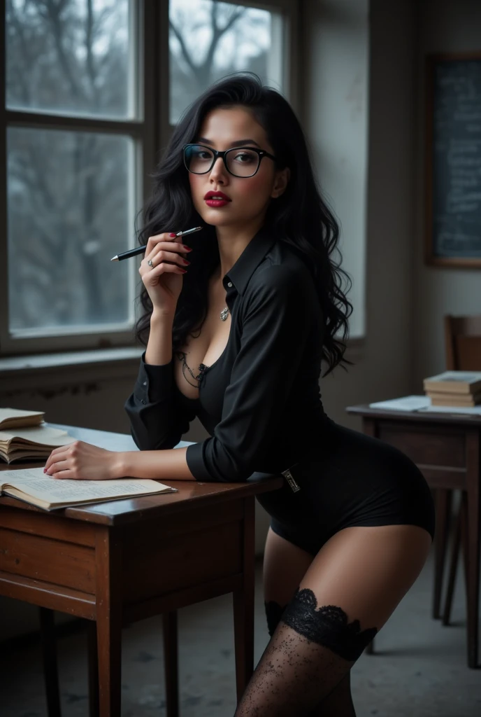 NSFW Long hair girl, black in color, blue colored eyes. with huge breasts, slim with hips and ass, no belly. dressed as a schoolgirl,