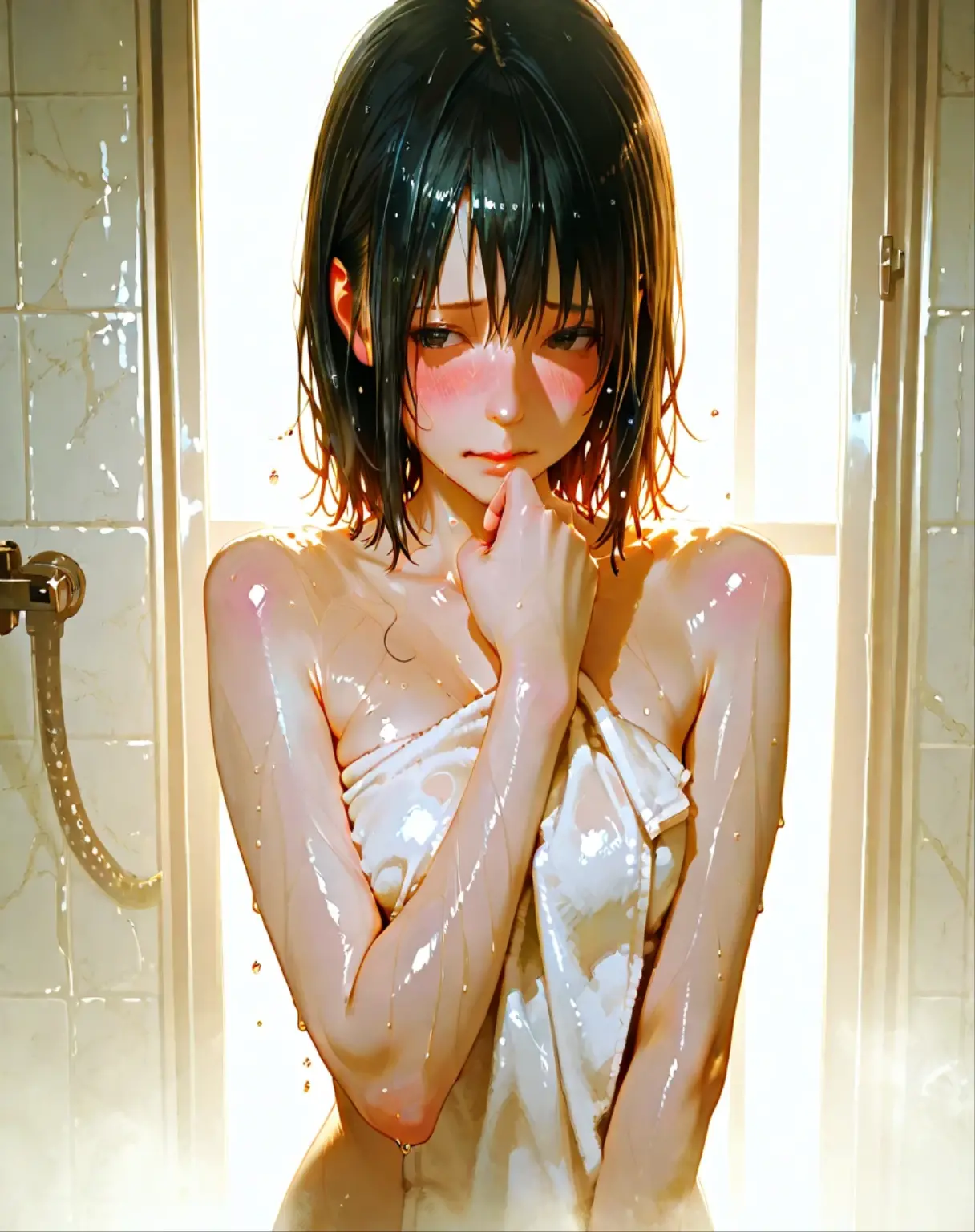 masterpiece, 4k, 8k, small breast, kawaii, ,tits, Brat, Black Hair, Twin tails, Emphasize the chest、Nipple Contour, Cleavage, garden, Chamber of Secrets, shower room