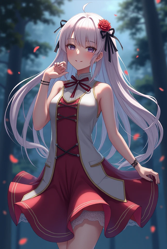 anime, 1 girl, full body, silver hair, red eyes, long hair, small breasts, black and red dress, outdoor, standing, gentle smile, masterpiece, 8k, high quality, detailed art