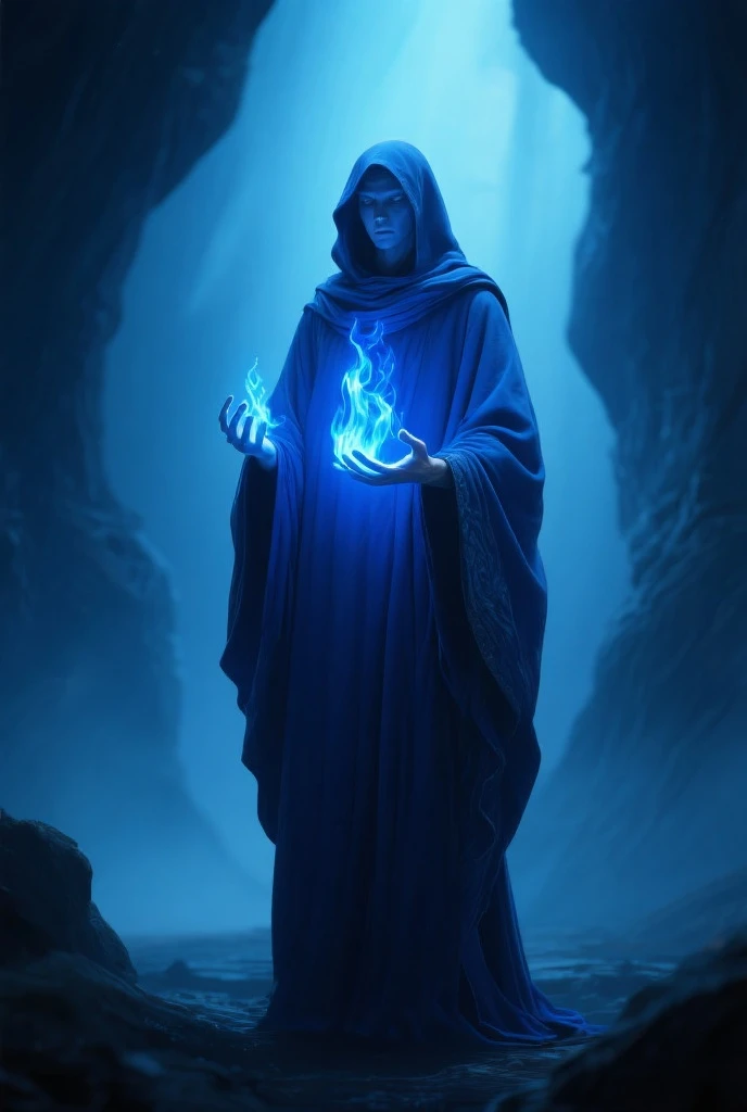 male, in a dark cave with dim light, 800bc, closeup cracks in statue with ral-lava, lava dripping through the cracks ral-porcelain, at night, gray robes, long black hair, black hair, blue eyes, bright blue eyes, holding magic orb, holding orb, blue orb
