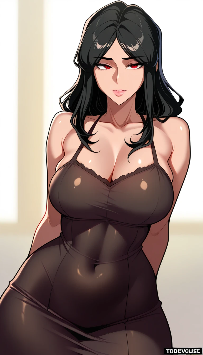 8K, high quality, animation, married woman, fair complexion, beautiful woman, small face, neat, bright, emphasis on eyes, sexy, super big tits, beautiful line drawing. Black hair, white skin, brown eyes, smiling, breast up, ((big tits)), black dress,