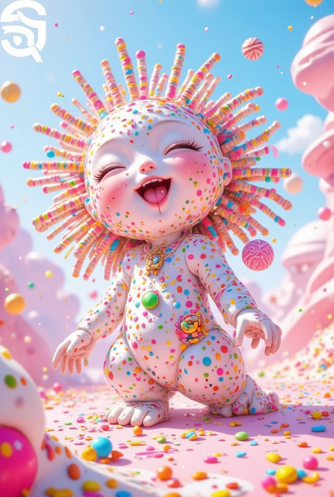 Cute toddler joyfully devouring a fluffy cloud of cotton candy.