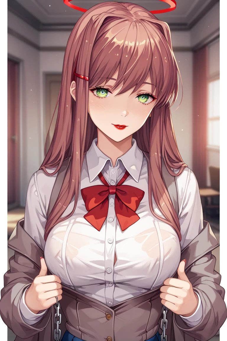 masterpiece, best quality, 1girl, long hair, solo, quiry, necktie, white shirt, short sleeves, short skirt, pantie, garter straps, black thighhighs, v-shaped eyebrows, looking at viewer, arms behind head, seiza, bed, sitting, smirk,thicc, huge breast,thicc, huge breast, thicc, huge breast, ross tran 8 k, Maximum detail of the genitals, Maximum breast detail, Maximum facial detail, realistic eyes, realistic Nose, Realistic smile, Ultra Detail, huge breast, huge_breasts, huge_breasts, huge_breasts, thicc