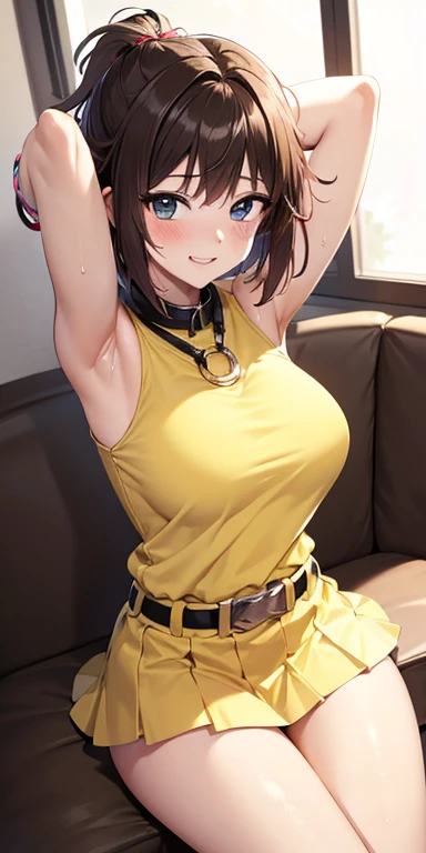 1 Female,High definition,high resolution,Ultra-realistic,8K, bbmazaki, ponytail, hair scrunchie, necklace, yellow shirt, sleeveless, bracelet, belt, pink skirt, tight skirt, miniskirt,European,sexy,Upper body close-up,Photographed from the front,Dynamic Angles,blush, (big tits  ), happy, wink the eye,facial, sweat ,(wide thighs:1.4),(pussy),(show pussy),(pubic hair),(cameltoe),((nipples))