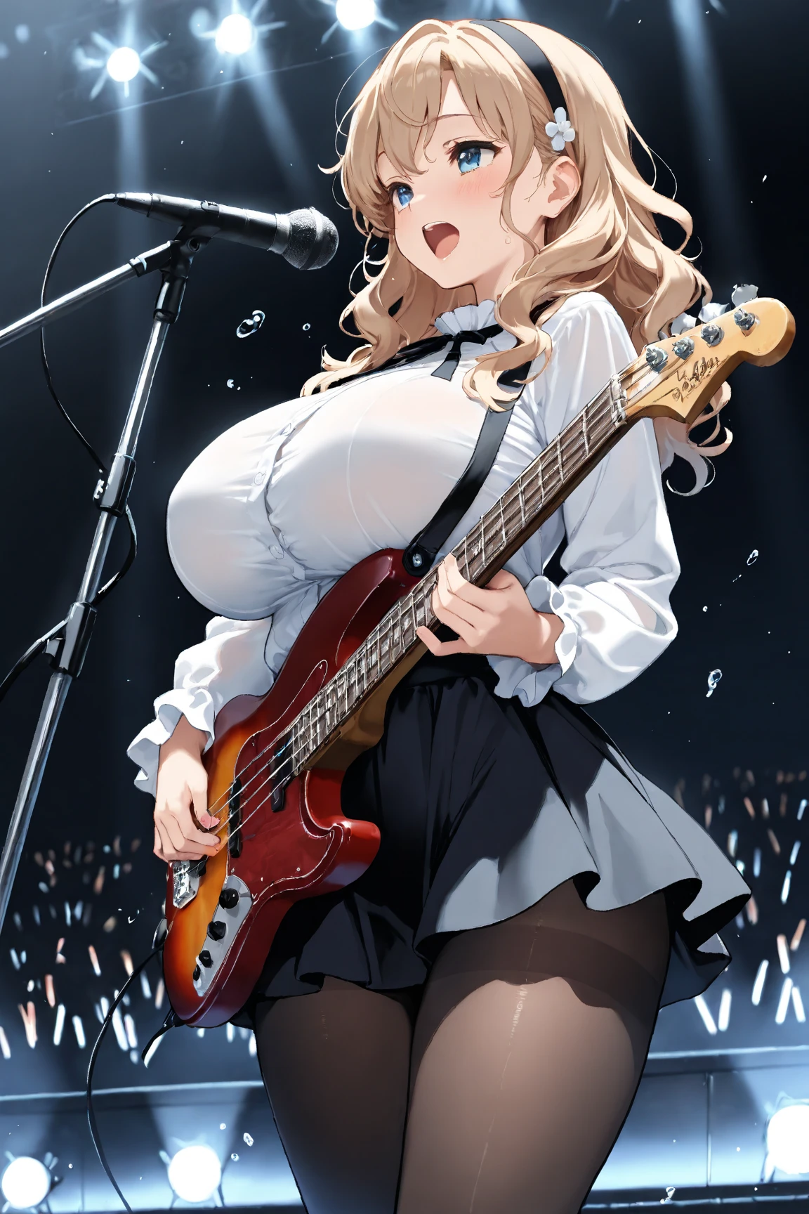Anatomically correct,high resolution, best quality, girls, 17 years old, baby face, cute face, (wet hair), beautiful hair, short twintail hair, (large breasts), slender, detailed eyes, cute eyes, beautiful legs, slim-legs, (wet skin), blush, random facial expression, (from very below:1.3),idol,(detailed wet idol costume), mini skirt, (detailed wet panties),(panties very wedgie:1.2),(outdoor stage),rainy sky,It rains,sing a song,sing with a microphone,dynamic pose,