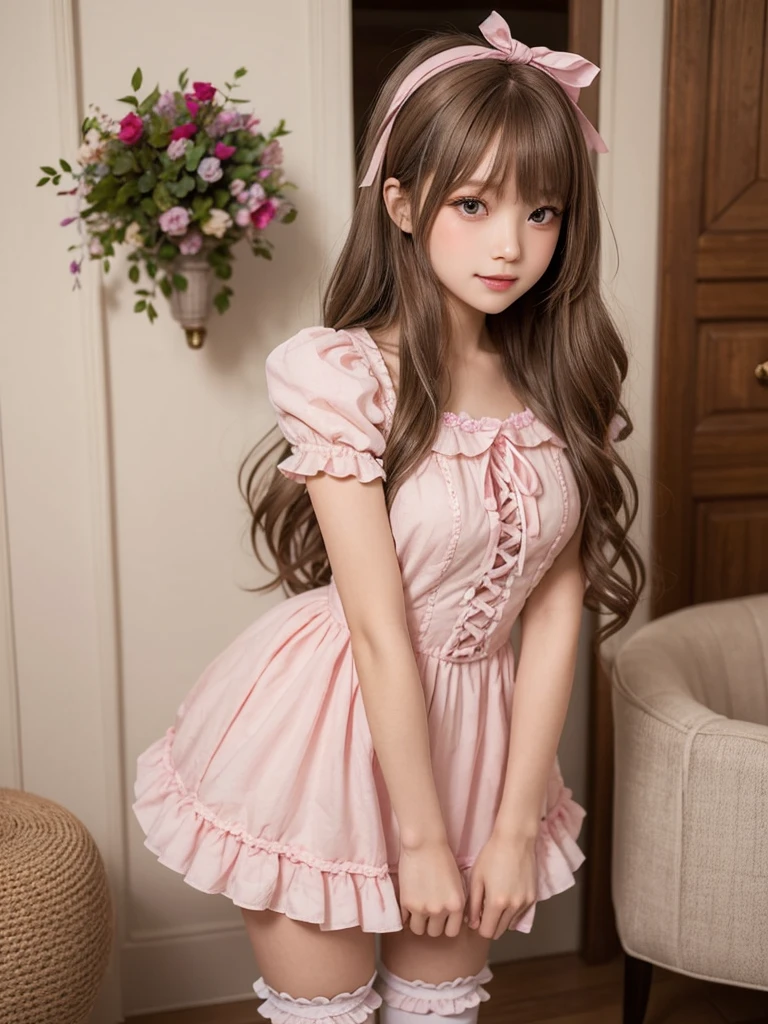 Melhor qualidade, , 13 anos, nvoinha, vestido rosa, cabelo rosa, corpo todo, bow in hair, vestido decotado, sorrindo,