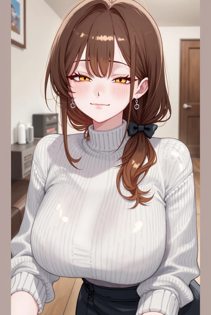 Wearing casual clothes, masterpiece, best quality, 8k wallpaper, 1girl, beautiful detailed eyes, 1girl, solo, long_hair, breasts, looking_at_viewer, blush, brown_hair, brown_eyes, medium_breasts, mizuhara_chizuru