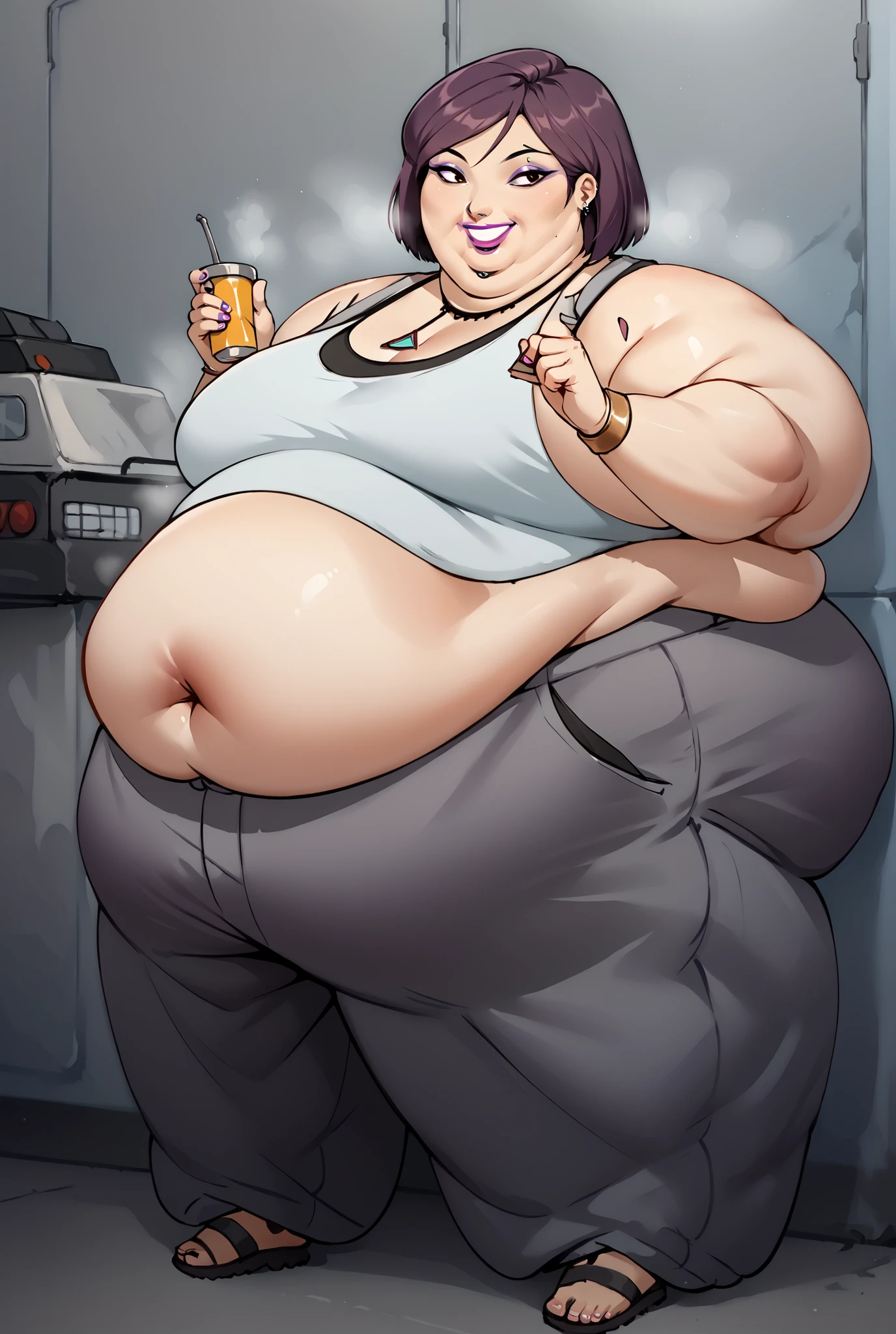 Fat obese, sssbbw, gluttony, high school girl, pixar animated, toothy grin, grabbing belly, Masterpiecev10, Extremely detailed, belly hanging out, , sensual, ((black striped shirt)), black lipstick, black hair, pale