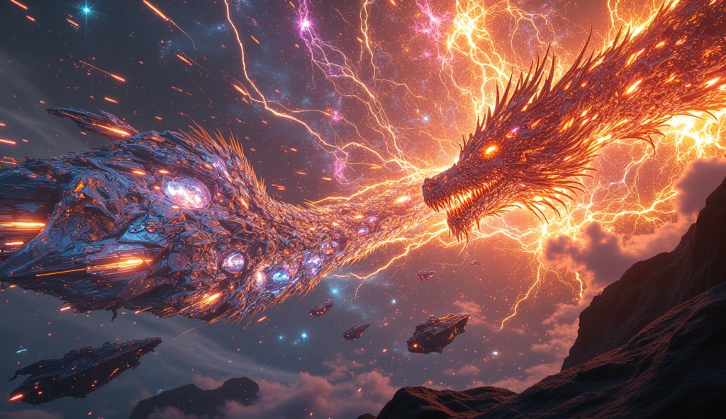 majestic battle between dragons and advanced space fleets, phoenixes igniting solar storms across crystal archipelagos, krakens pulling battleships into shimmering voids, cosmic arena suspended among glowing nebulae and meteor showers, ultra-detailed 8k cinematic concept art, inspired by Alex Ross and Paul Chadeisson, rendered in Unreal Engine and Octane Render, masterpiece quality, vivid colors and dynamic lighting