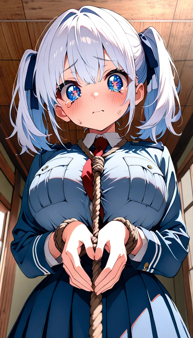 (bound arms, arms behind back, rope, bound legs:1.2), squatting, highres, highest quallity, illustration, ultra detailed, (detailed face), (detailed eyes), soft lighting, best quality, hyper detailed, masterpiece, looking at viewer, angry, open mouth, 1girl, solo, short hair, white hair with blue tips, school uniform, skirt, (colorful), shack, window, night, green eyes, small breasts