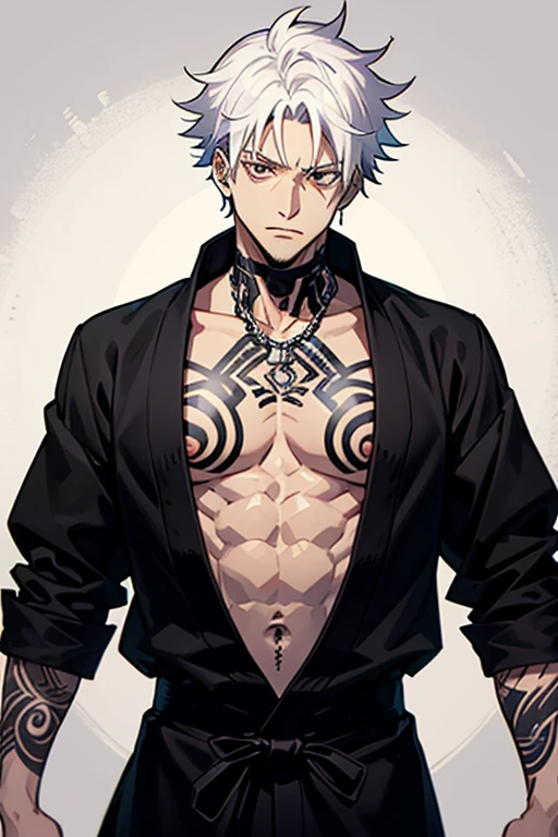 A young man with short gray hair, completely white skin, pale skin, resolute eyes, handsome face, serious expression, a metal collar around his neck, his upper body is bare, a slender yet muscular build, a purple demon tattoo is on his left shoulder, a black and white belt, cloth trousers, emitting a purple aura, he stands in a mining valley, the ground around him glowing red and cracking open, this character embodies a finely crafted fantasy-style slave warrior in anime style, exquisite and mature manga art style, dramatic, high definition, best quality, highres, ultra-detailed, ultra-fine painting, extremely delicate, professional, perfect body proportions, golden ratio, anatomically correct, symmetrical face, extremely detailed eyes and face, high quality eyes, creativity, RAW photo, UHD, 32k, Natural light, cinematic lighting, masterpiece-anatomy-perfect, masterpiece:1.5