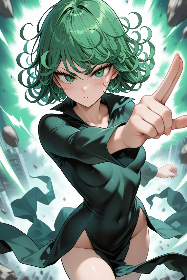 1girl, solo, tatsumaki, tatsumaki from one punch man, standing angrily, hands folded, in front of debris, angry face, angry expression, green aura around her body, big eyes, 16:9, PC wallpaper, 1080p, black outfit, pelvic curtain, green hair, green eyes