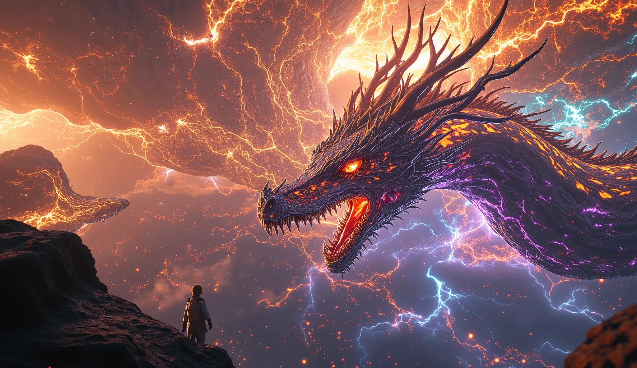 majestic battle between dragons and advanced space fleets, phoenixes igniting solar storms across crystal archipelagos, krakens pulling battleships into shimmering voids, cosmic arena suspended among glowing nebulae and meteor showers, ultra-detailed 8k cinematic concept art, inspired by Alex Ross and Paul Chadeisson, rendered in Unreal Engine and Octane Render, masterpiece quality, vivid colors and dynamic lighting