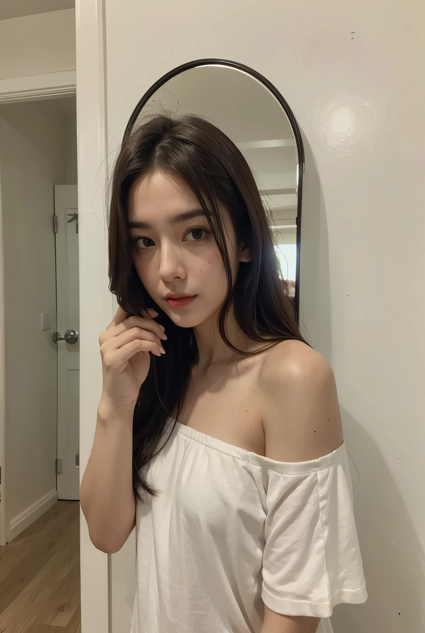 (masterpiece:1.2), Japanese, (((18 years old))), (a girl), bathroom, upper body, light-brown hair, slender, 