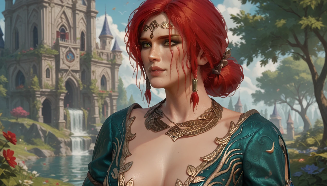 The Dark Princess with Blood Eyes, Red hair, crown, Evil smile, Anime style, Lens flare, High detail, first person perspective, Cinematic lighting, Masterpiece, Super detail, Best quality, 8K, hyper HD