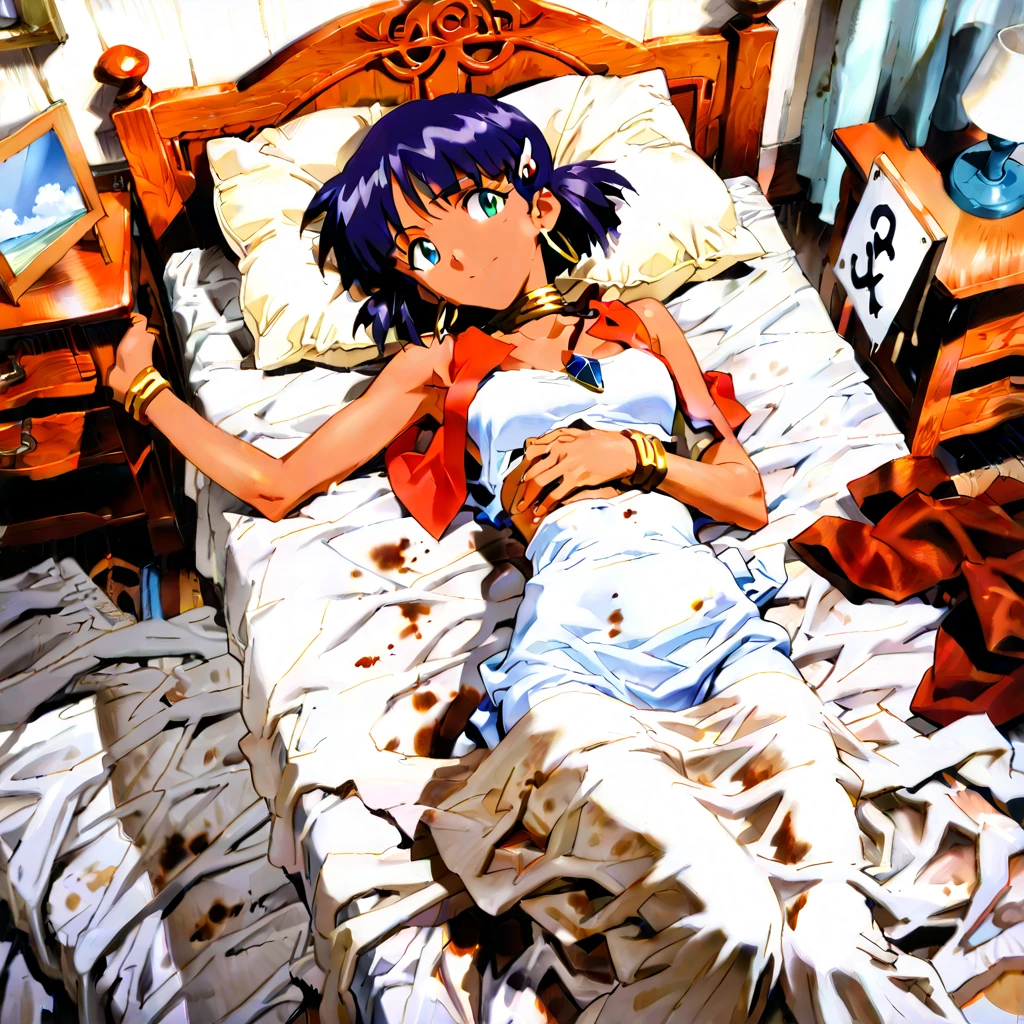 One girl, lie on bed, Ayanami Rei, alone, Red eyes, smile, short hair, Nude, pregnant, Big Tits, (Perfect hands, Perfect ???????),Mouth closed, 8K