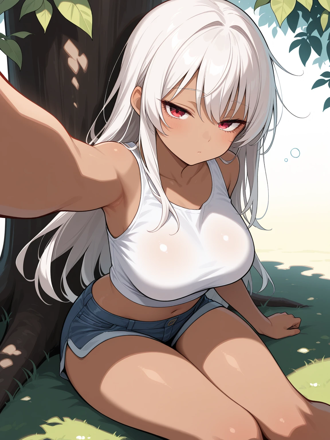 Reine is nude and has her arms folded under her large breasts. The background is a gorgeous forest.