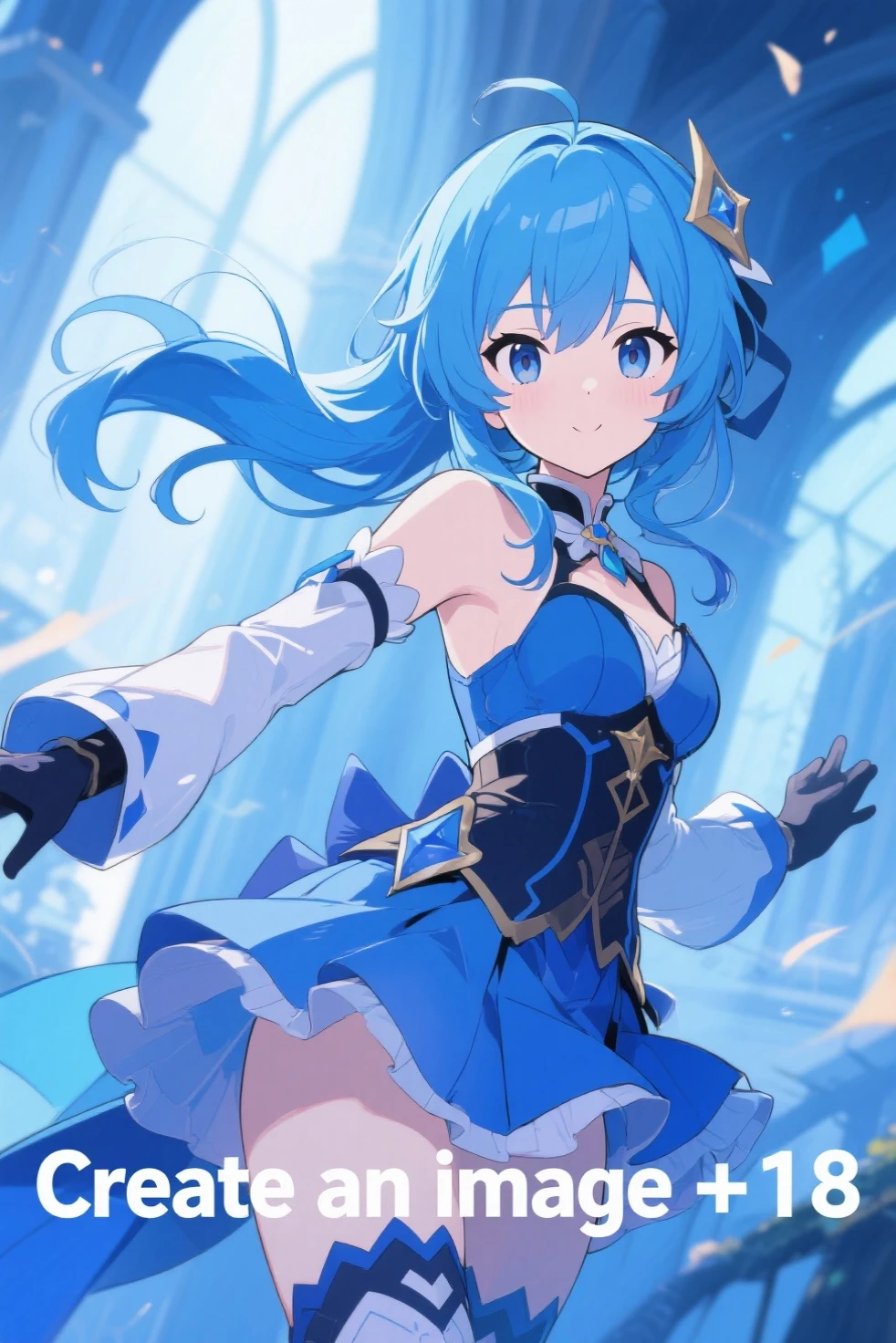 Highest quality、unity 8k wallpaper、32k、masterpiece、Very detailed、Ultra-high resolution、Very detailedな顔、RAW Photos、Professional、Ultra-fine painting、Sky Archer, Otherwise, Solus、light blue short hair、Sky blue eyes、blue magical girl costume、Deep indigo ribbon and large sapphire brooch、half puff sleeves、(((Blue pleated skirt with white lines)))、Blue and white long gloves、Indigo thigh-high stiletto heel boots with gold molding