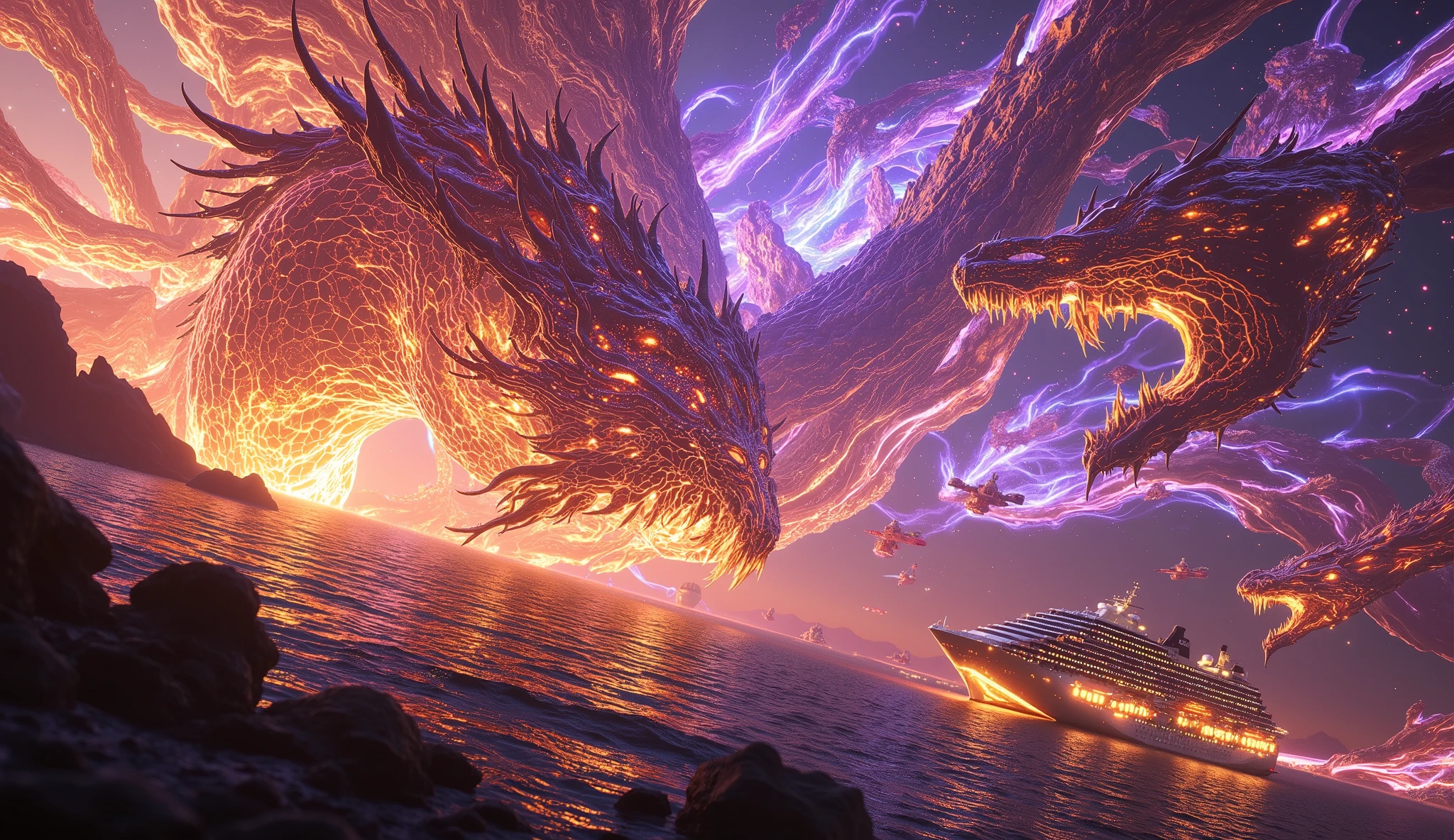 colossal dragon exhaling plasma towards a futuristic cruiser, phoenix radiating golden flares above floating crystal islands, titanic kraken grappling battleships under a vibrant nebula, vivid cosmic backdrop of swirling purples and blues, detailed digital art inspired by Paul Chadeisson, cinematic masterpiece, rendered with Octane Render and Unreal Engine, hyper-detailed 8k resolution