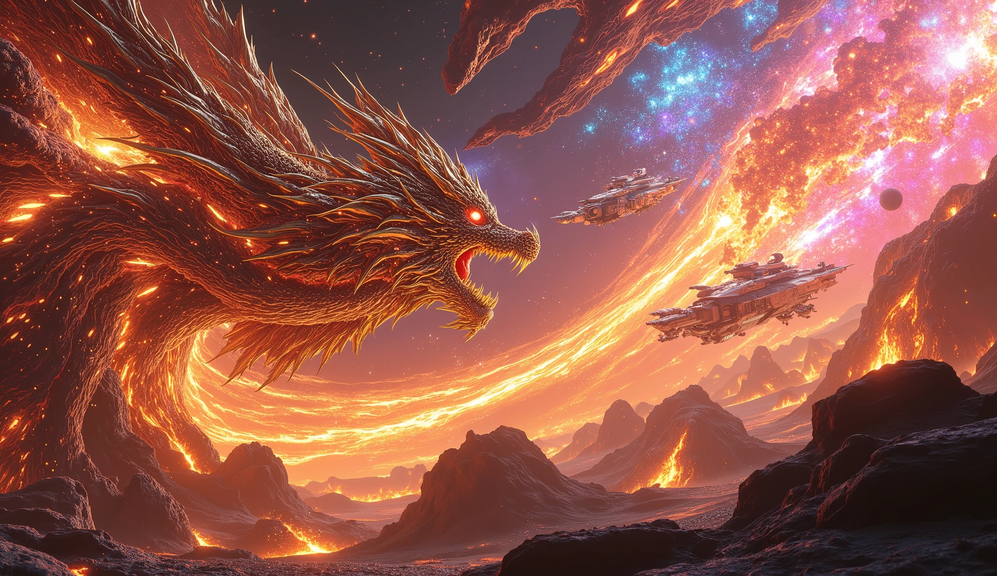 majestic battle between dragons and advanced space fleets, phoenixes igniting solar storms across crystal archipelagos, krakens pulling battleships into shimmering voids, cosmic arena suspended among glowing nebulae and meteor showers, ultra-detailed 8k cinematic concept art, inspired by Alex Ross and Paul Chadeisson, rendered in Unreal Engine and Octane Render, masterpiece quality, vivid colors and dynamic lighting