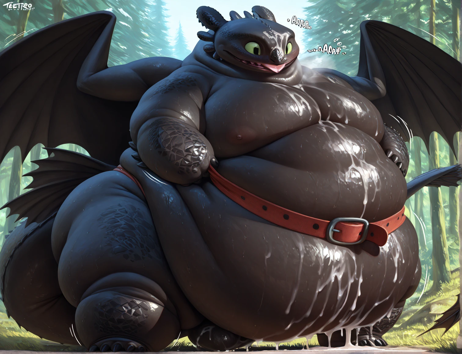 Single, gray cloudy day, forest, (soft shading), 4k, hi res, big adult dragon (Night Fury), detailed face, detailed, Best quality, masterpiece, detailed anatomy, two dragon wing's, only four limbs, detailed eyes, perfect hull, perfect face,  solo, lies on his back, Feral, How to train your dragon, dragon, night fury, Toothless, adult, dark skin, green eyes, face expressing extreme pleasure, excited, nudes, muscular body in the field, ((plump)), (((obese))), ((thick)), weight gain, ((overweight)), (((plump thighs and butt))), ((fat thick neck)), ((thick fat neck)), (plump cheeks), (((thick legs))), (((plump pecs))), (((fat shoulders))) , (((fat head))), (((fat plump dragon legs))), ((big fat belly)), (milk inflation), ((arms inflated)), ((T pose)), ((He sits in a T-pose because he has become incredibly fat and swollen)), ((he like an giant fat blob or a milk tank)), ((the limbs are immersed in his obese body and represent mounds of fat)), ((the head is also buried in the fat folds of the neck)).