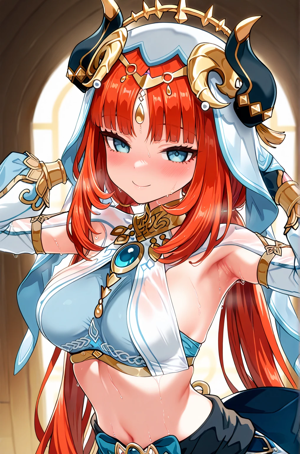 genshin_impact nilou_(genshin_impact) highres 1girl bare_shoulders blue_eyes bracer breasts circlet fake_horns gem hand_on_own_hip harem_outfit horns long_hair long_sleeves medium_breasts navel nipple_slip nipples open_mouth puffy_long_sleeves puffy_sleeves red_hair revealing_clothes skirt solo stomach veil white_headwear white_veil