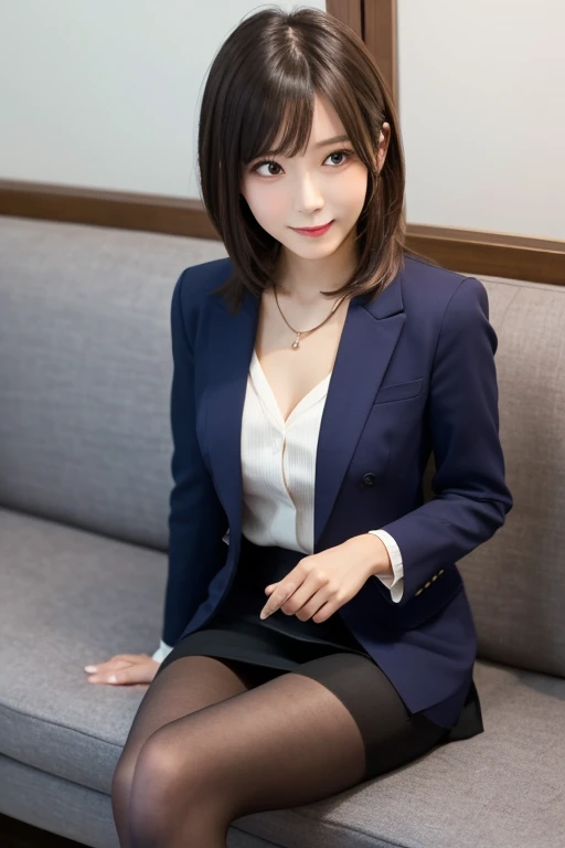 Pure young Japanese girl, wearing dark color classical suits and skirts, (panty), (pantyhose), vivid makeup, natural black hair styles, sitting in antique gothic style rooms, sweet smile, secret temptations, professional portrait photography, 