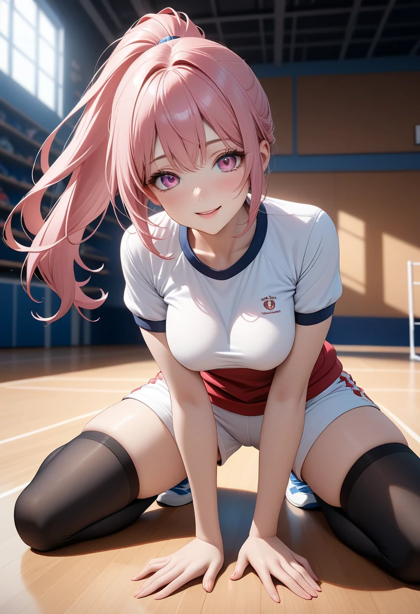 (8K, top-quality, masterpiece:1.2), (reallistic, Photorealistic:1.37), Super Detail, One girl,), (Highly detailed), (beautifully detailed eyes), (of the highest quality), (super detailed ), (masterpiece), (Detailed face),20yr old, ,1 girl, ((pink hair,long hair)), medium breasts, clothed, Perfect Lighting, BREAK, (royal blue, school gym buruma:1.5), white trim, (school gym clothes:1.2), (ankle-length white sports socks:1.2), (royal blue sneakers with white soles:1.2), (simple pink hairband:1.1), BRAKE, (upper body to thighs:1.3), pink hair, (long, wavy:1.2), (friendly, flirty smile:1.2), (mysterious gaze:1.1), (face turned slightly left:1.1), (relaxed, confident pose:1.3), (hands on hips:1.1), (legs shoulder-width apart:1.1), (school gym:1.3), (wooden floor, sports equipment:1.2), (soft, natural lighting:1.4), (radiant, healthy glow:1.5), BRAKE
