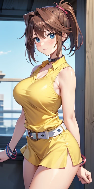 (1girl), (Middle age), (Sexy shiny nurse top and tight mini skirt), (Only the delta part of yellow panties is visible from under the mini skirt), masterpiece, Brunette Bob, (Large Breasts), (Sexy pose), (very tanned and shiny skin), photoRealistic, Realistic, alone, photoRealistic, Highest quality, Ultra-high resolution, Yura S, Outdoor, colorful, Lips parted, Daytime setting, beautiful, (masterpiece, Highest quality, Very detailed顔, Perfect lighting, Ultra-high resolution, Very detailed)