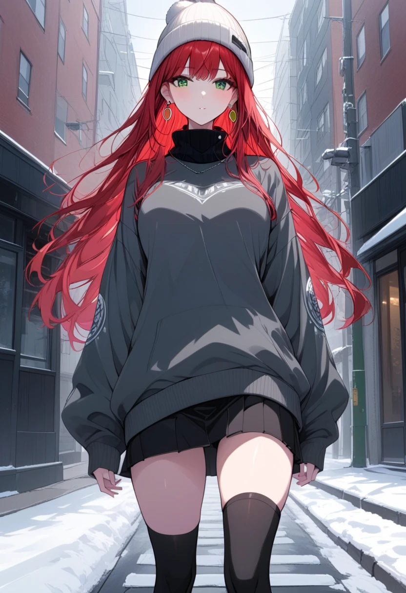 1girl, solo, from front, full body, sitting, legs together, arms-crossed-behind-back, detailed eyes, detailed face, orange hair, curly ponytail, red eyes, (masterpiece, best quality:1.1), (oiled skin:1.2), natural shadow, detailed background, aesthetic, a pink bus coursing through a snowy town adorned with orange streetlights, winter evening, thoughtful, retro clothing, Zebra-print leggings with a matching oversized sweatshirt and high-top sneakers, small breasts