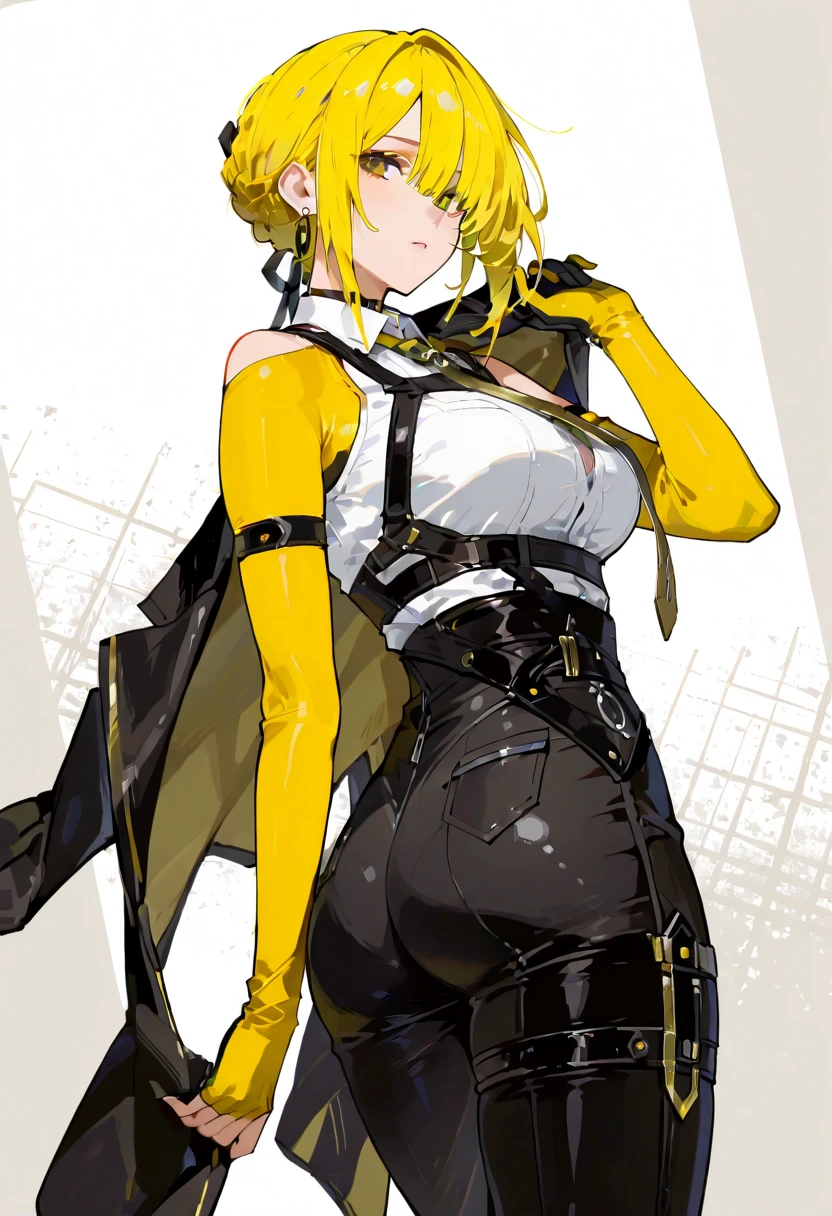 Girl, short colored hair pulled up, yellow clothes, holding a shovel in her hand, big breasts.