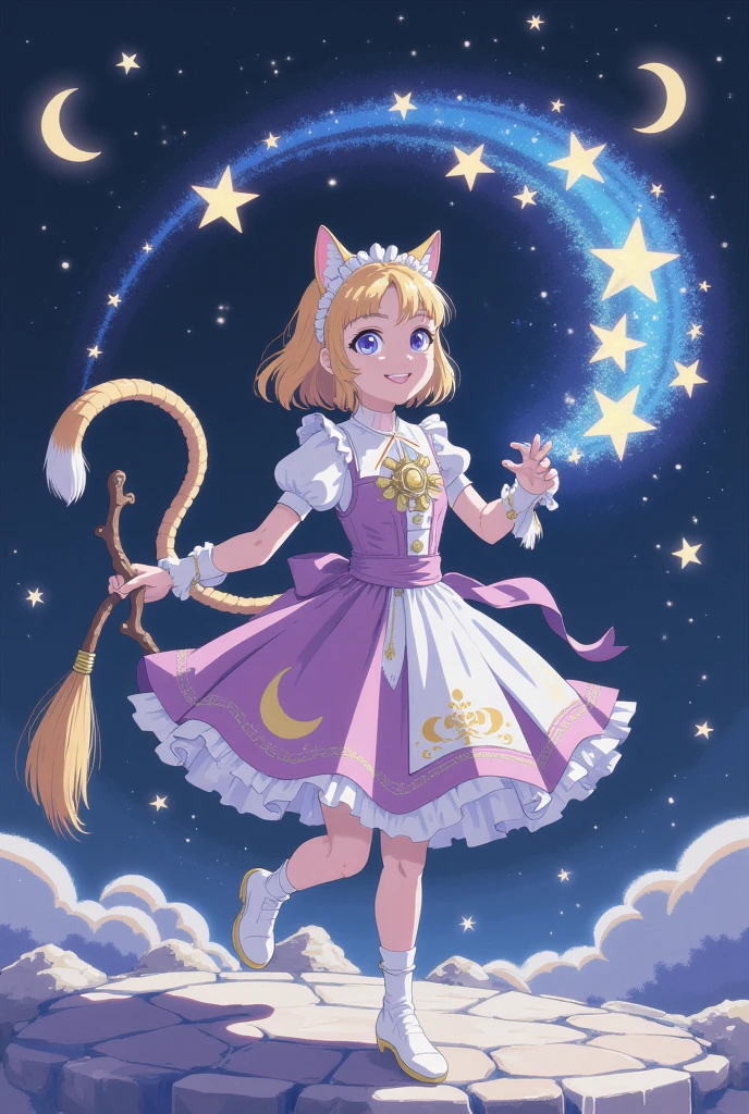 Magical Whisker Sweep: A fantasy cat maid with a sparkly tail, using an enchanted broom to sweep glowing dust motes that turn into tiny stars. Her frilly dress has crescent moon embroidery.