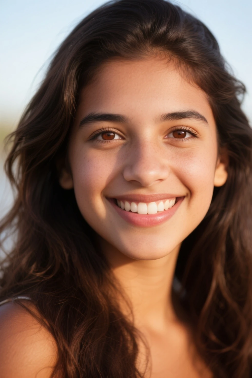 'p3x3ls style photo', a girl with a white sweater and a smile, windy
