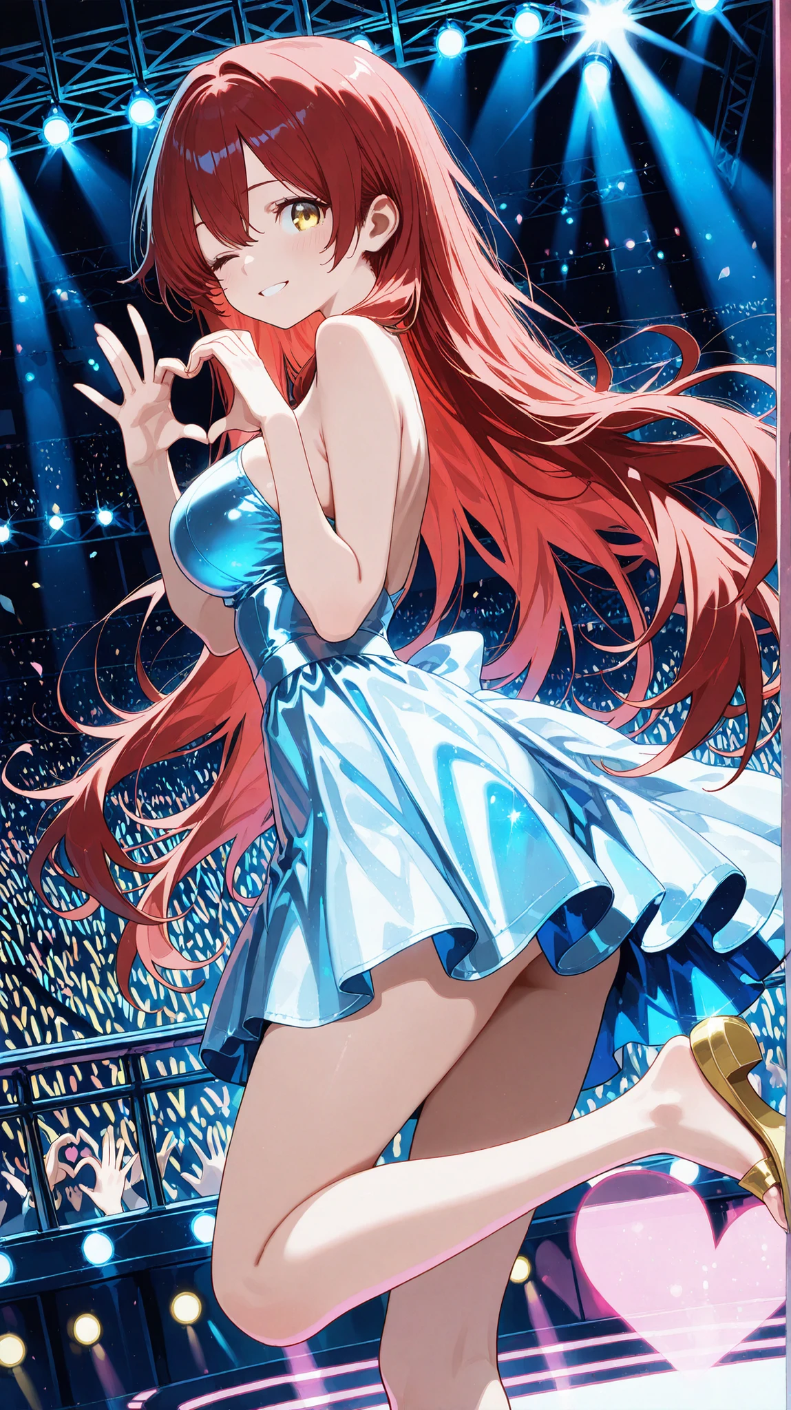 1 woman , golden eyes , very long hair , long sidelocks, red hair, very cute , beautiful ,Straight hair, cool, handsome, hair between eyes, sexy, medium large breast, AIU,Latest,Highly detailed illustration,Realistic,Idol concert,Heart hands,Cute expression,One eye closed,Jumping with legs raised behind,From side,Looking at the viewer,Perfect anatomy,Detailed hands,Detailed feet,Detailed eyes,Detailed fingers,Smiling,Music festival,View from the audience,Audience,Enthusiasm,Enthusiastic audience waving penlights,Midnight,Dark stage and auditorium,Dynamic view,Only the stage lights are lit,Five lights lined up in a row above the stage, pink lights,blue lights,white lights,yellow lights,pink penlights,blue penlights,white penlights,yellow penlights,Perfect details,Amazing quality,High res,Film grain,Wide shot,