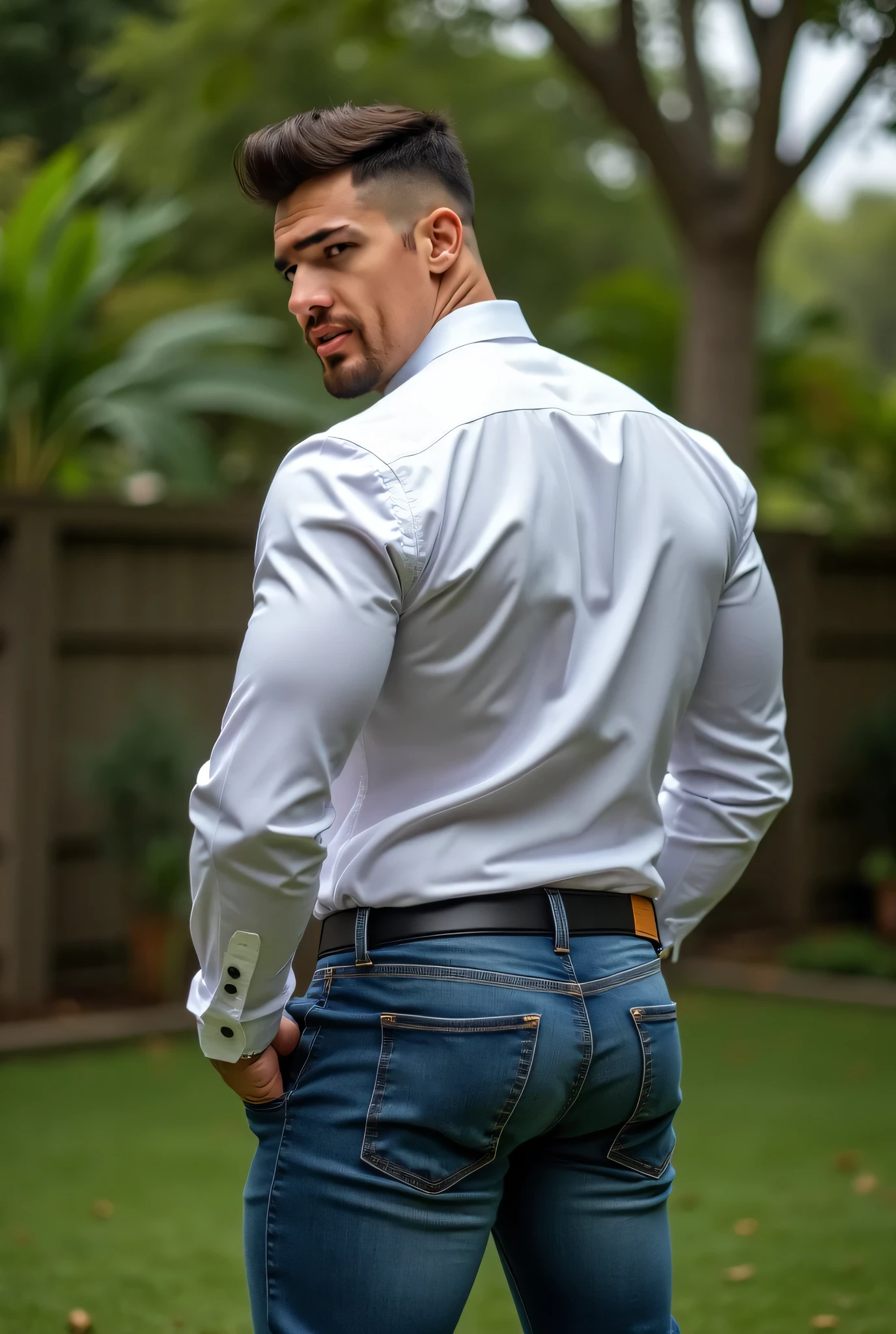 30 years, ojos grandes, hombre chino, rastrojo, pulgada blanca, huge muscles, exaggerated muscles, hombre maduro, muscle swelling, culturismo, Musculos pectorales, abdominales, muy nalgon , en un campo de flores de girasol, Muchos girasoles, chaqueta y chaleco, vaqueros, zapatillas, luz natural, collar de metal, piel color trigo, 1 hombre, de pie, aretes de hombre, tatuajes, Bubble butt, white jeans ajustados, backside, bent over manly