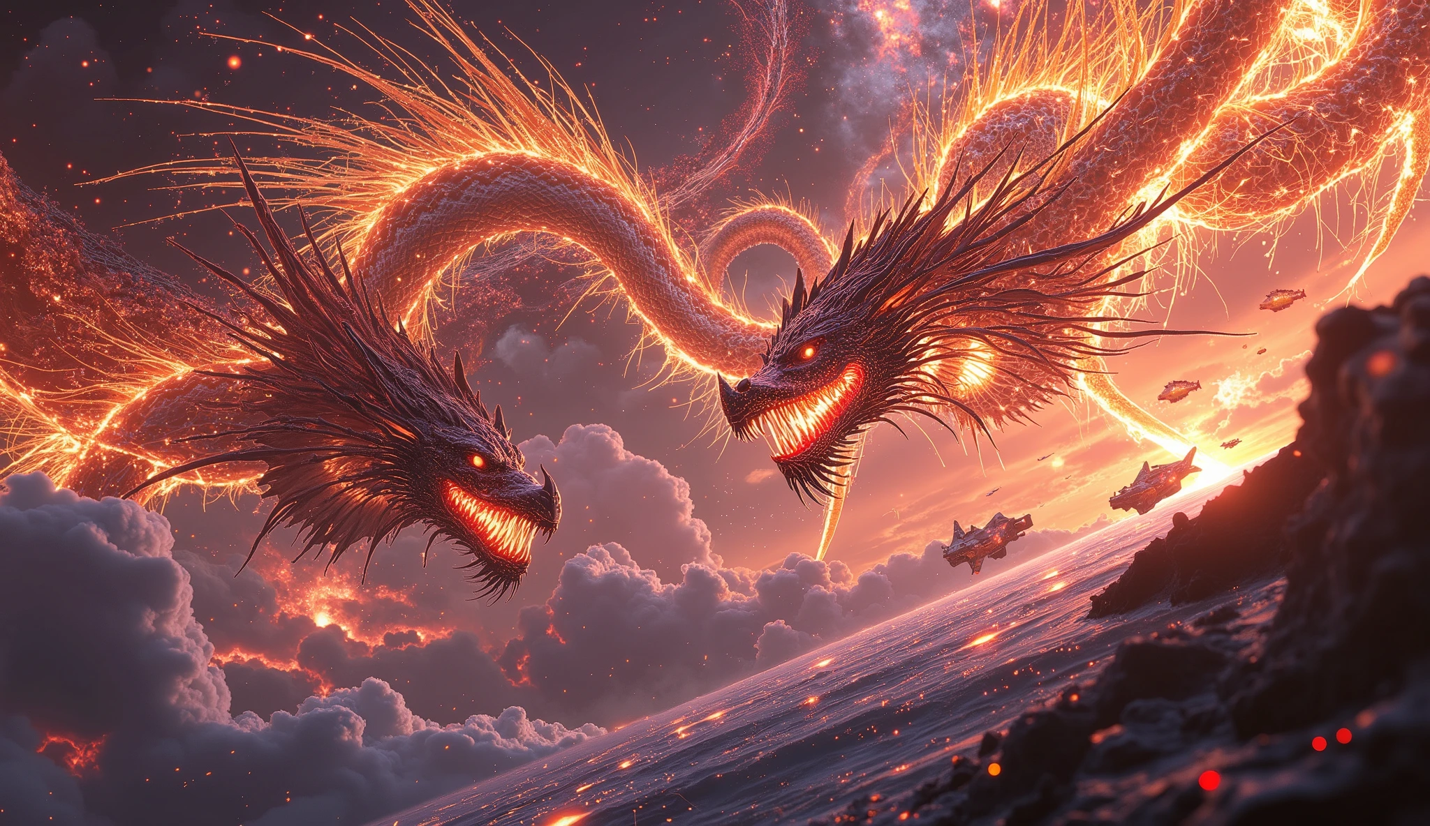 majestic battle between dragons and advanced space fleets, phoenixes igniting solar storms across crystal archipelagos, krakens pulling battleships into shimmering voids, cosmic arena suspended among glowing nebulae and meteor showers, ultra-detailed 8k cinematic concept art, inspired by Alex Ross and Paul Chadeisson, rendered in Unreal Engine and Octane Render, masterpiece quality, vivid colors and dynamic lighting