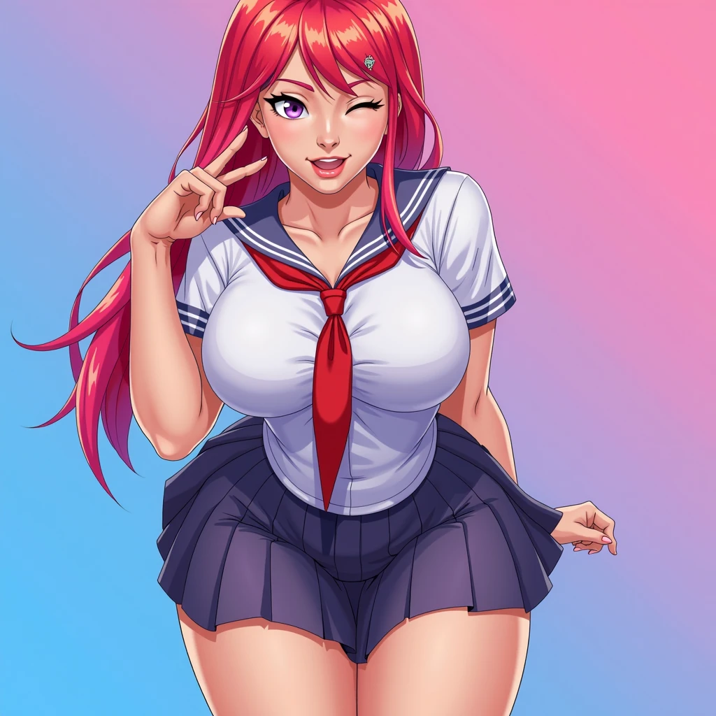 masterpiece, best quality, 1girl, breasts, thighhighs, solo, skirt, tongue, tongue out, red hair, navel, long hair, choker, blush, black thighhighs, covered nipples, ponytail, looking at viewer, brown eyes, underboob, hand on hip, heart choker, white background, pleated skirt, smile, large breasts, midriff, simple background, ass visible through thighs, , open mouth, hair ribbon, huge breasts, ribbon, crop top
