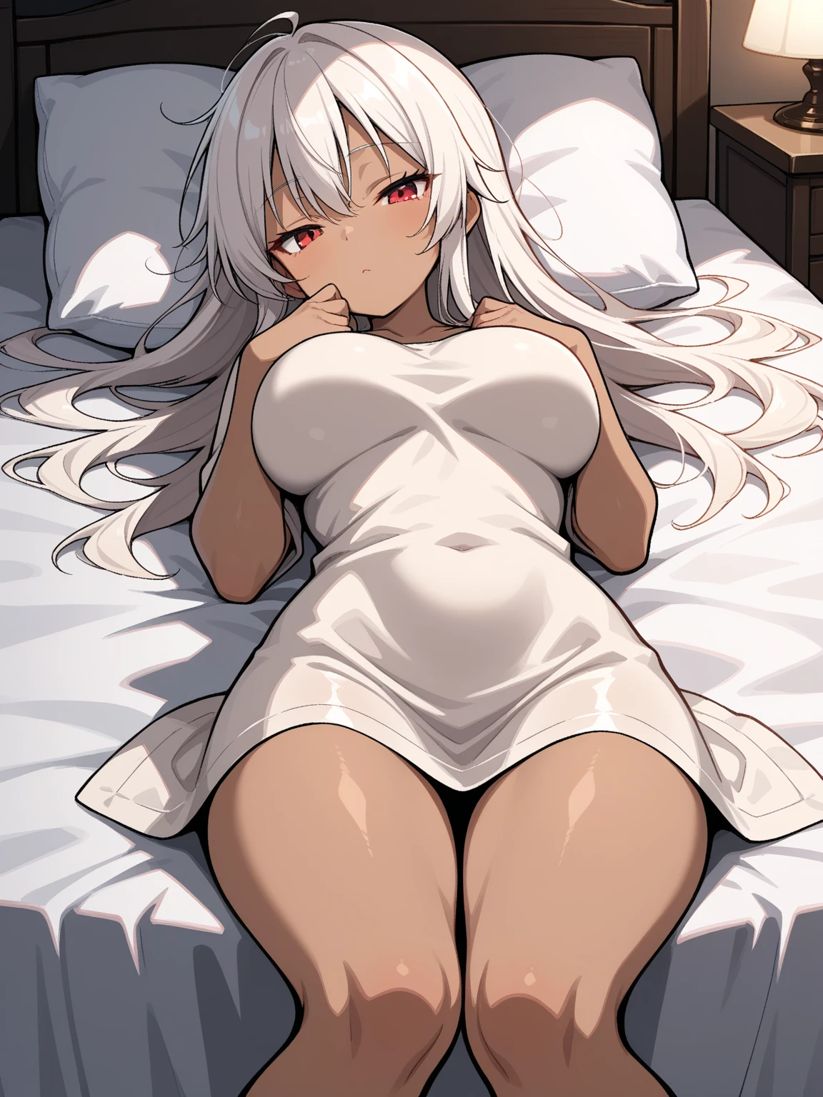 1girl, solo, full length, long hair, medium breasts, looking at viewer, bangs, heterochromia, blue eyes, red eyes, blush, lying, nude, naked, legs, cleavage, bare shoulders, indoors, on the bed, blush, open belly, closed mouth, open navel, open neck, heterochromia, open neck, bare legs, bare thighs, crossing legs, bare crotch, vagina,