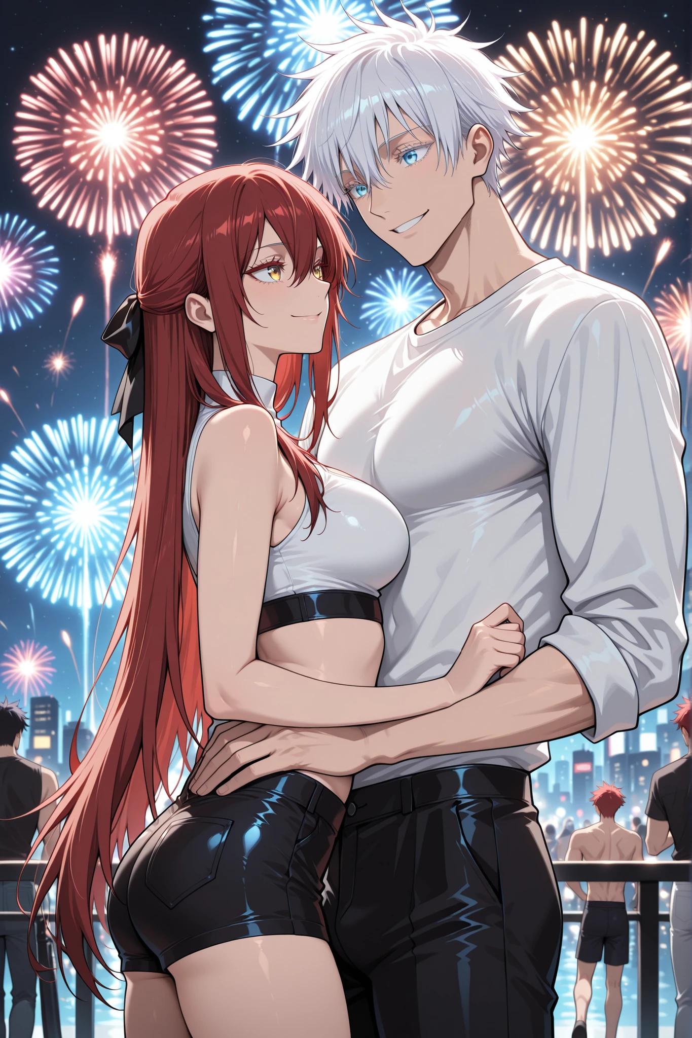 (masterpiece, best quality), amazing quality, absurdres, extremely detailed face and eyes, cinematic, cinematic lighting, cinematic shadows, cinematic composition, BREAK couple, hetero, duo focus, size difference, height difference , BREAK 1 girl , golden eyes , very long hair , long sidelocks, red hair ,half updo, petite , very cute , beautiful ,Straight hair, cool, handsome, hair between eyes, sexy, female, medium large breasts, crop top, shorts, BREAK 1man,adult, mature man, male focus, smile, gojou satoru, jujutsu kaisen, blue eyes, colored eyelashes, white hair, short hair, toned chest, sexy man, handsome face, white undercut, shirt, black pants ,BREAK in the background stage, music festival, happy, smile, (futuristic music festival), (glowing skyscrapers, neon lasers crisscrossing the sky), looking at the stage, looking away, Music Festival. Aerial shots of the venue during a live performance taken by a drone, night, fireworks, neon, spotlights, and the stage explode with excitement! Neon lights and crazy fans - capture the climax of a music festival, back view