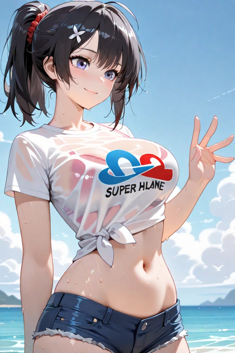 brunette short curly hair, beautiful face, looks like Lorelai Gilmore, sexy natural body, fit toned legs, thick thighs, round apple booty, denim shorts, t shirt, adidas sneakers, she is laying on her back, her arms overhead, she is laughing hysterically, she is being tickled by guys, the guys squeeze her upper torso, the guys tickle her tummy with their hands, the guys tickle her armpits,