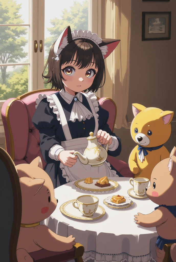 A cat maid with big, curious eyes, hosting a tea party for stuffed animals. She’s delicately pouring tea from a cat-shaped teapot, her whiskers twitching with excitement.