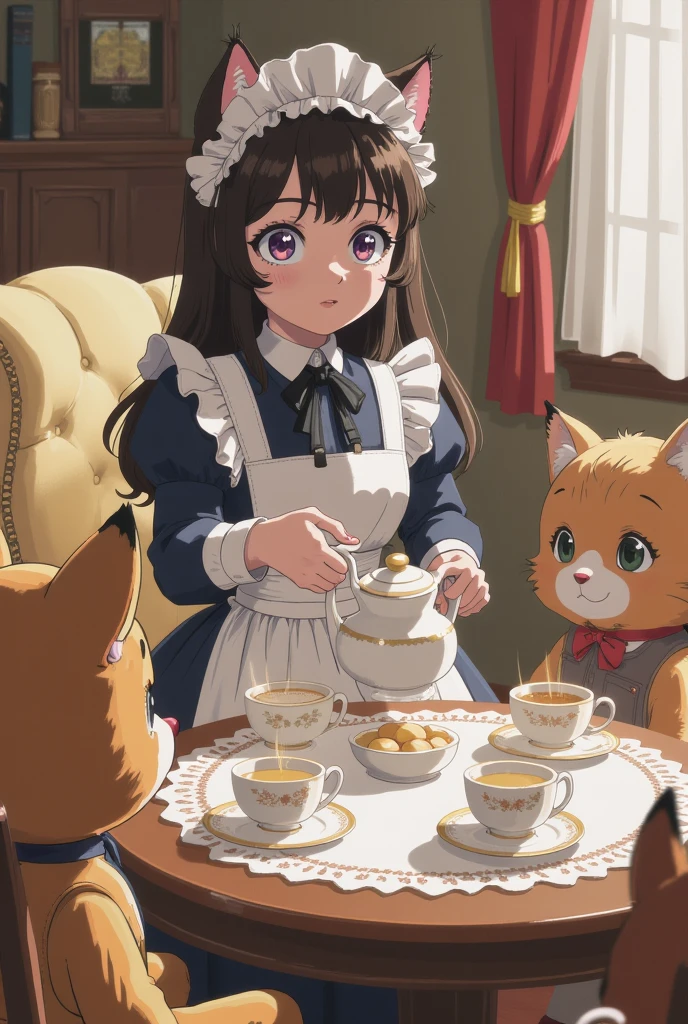 A cat maid with big, curious eyes, hosting a tea party for stuffed animals. She’s delicately pouring tea from a cat-shaped teapot, her whiskers twitching with excitement.