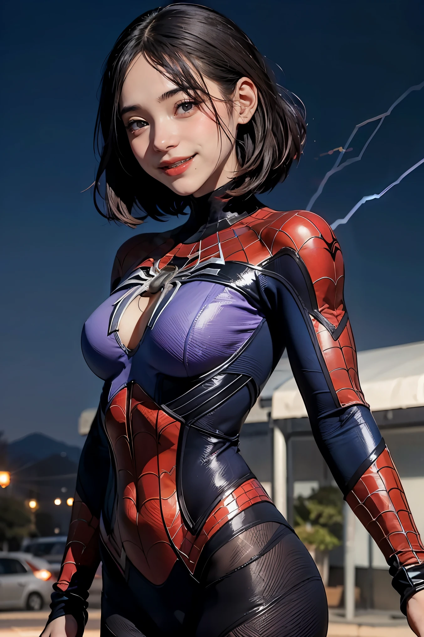 Young girl, short brown hair, purple eyes, Spider-Man 2099 shape, smile, cobweb, lightning, masterpiece, high quality