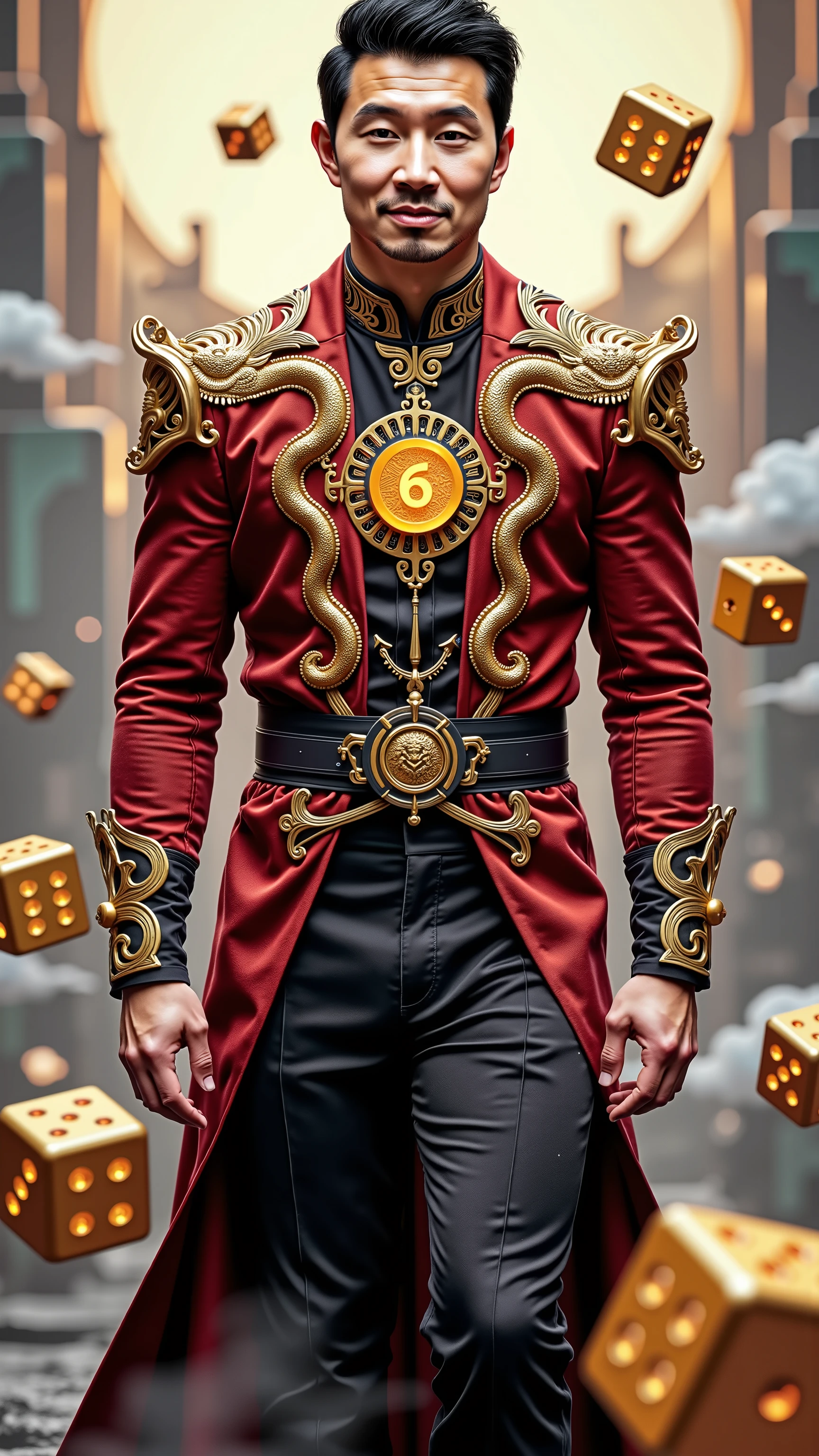 Simu Liu reimagined as a majestic luxury symbol of Sic Bo game, walking across a grand celestial arena of fate, 1 male, sleek black hair styled with a subtle golden sheen, sharp dark brown eyes glowing with quiet power, sculpted symmetrical jawline, calm confident smile, he is wearing an extravagant fantasy robe crafted from deep crimson silk and black velvet, heavily embroidered with intricate golden dragons intertwined with glowing dice patterns, the chestpiece adorned with ancient symbols of luck and fortune, his broad ornate shoulder guards shaped like gilded dice showing triple sixes, beneath the robe a fitted black tunic woven with shimmering patterns of numbers and dice combinations, around his waist a thick ceremonial belt studded with golden dice and ancient coins, a long flowing cape trails behind him, designed like a giant crimson dice table covered in luminous golden markings, swirling with soft magical light, in his hands he holds no weapon, but three enormous golden dice float around him in a slow, graceful orbit, their surfaces etched with ancient mystical numbers glowing faintly, shows his male character’s full figure, athletic body, broad shoulders, perfect face, full body, extremely beautiful, god, male shape, perfect anatomy, the background showcases a towering jade palace rising from an endless sea of swirling mist, colossal golden dice suspended in the sky, vast marble stairways leading into portals shaped like ancient dice, everything bathed in rich crimson, gold, and deep black hues, illuminated by soft ethereal light, photorealistic, masterpiece, realistic, high contrast, 8k, hyper detailed, best quality, ultra high resolution, hyper realistic, very detailed eyes
