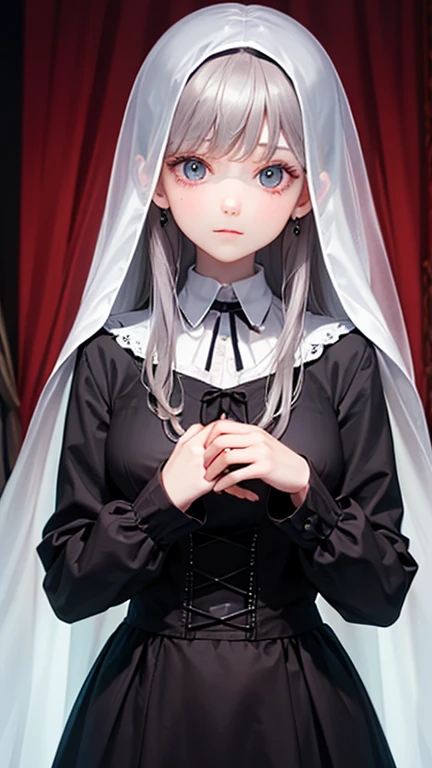 hell background, portrait, 1girl, anime, natural texture skin, (Hatsune Miku:1.1), closed eyes, fear on the face, full black nun costume, prays, cross, 8k, best quality,